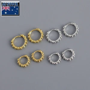 2 Colors Woman REAL S925 Sterling Silver Beads Huggie Hoop Earring Clip One Pair - Picture 1 of 4