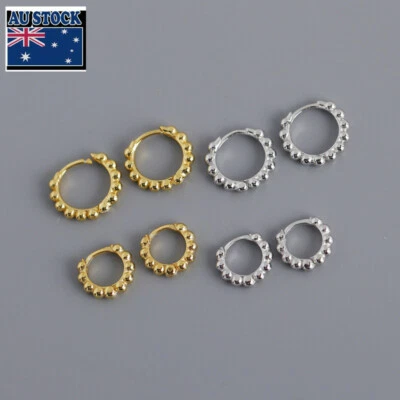 2 Colors Woman REAL S925 Sterling Silver Beads Huggie Hoop Earring Clip One Pair - Image 1 of 4