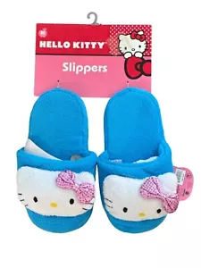 Hello Kitty Blue M-7/8 Slippers With Sequin Pink Bow Plush Comfort Indoor Footwe - Picture 1 of 4