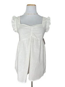 POL LA NWT First Dibs Ivory Woven Babydoll Tie Back Ruffle Shoulder Hemp Top S - Picture 1 of 11