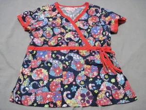 Koi By Kathy Peterson Scrub Top Womens Size M Blue Red Paisley Adjustable 115PR - Picture 1 of 9
