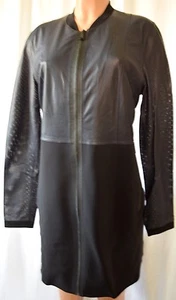 ELIE TAHARI Black/Navy Blue Perforated Lamb Leather Front Zipper Jacket Coat L - Picture 1 of 8