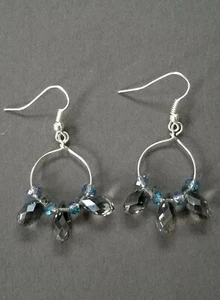 Earrings Handmade Gray & Iridescent Blue Crystal Mini Hoop Drop Dangle - Picture 1 of 1