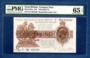 England (Great Britain) Treasury 1 Pound Banknote, 1928,Gem UNC-PMG65EPQ, P361a - Picture 1 of 2