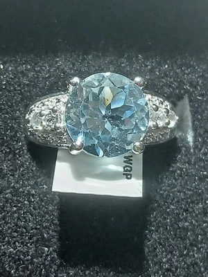 14K White Gold Over Solid Sterling Silver 4.7 CTW Swiss Blue Topaz Size 7 Ring - Image 1 of 4