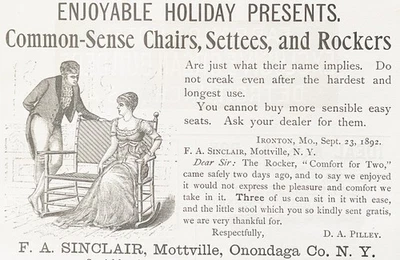 Sillas y balancines Common-Sense F.A. Anuncio impreso de muebles Sinclair Mottville, Nueva York 1892 Foto 1 de 2