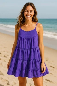 NEW Melonie Grape Purple Tiered Sundress 12 Smocked Bodice Boho Festival Beach - Picture 1 of 9