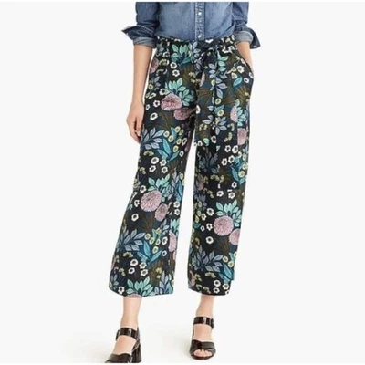 Pantalón J.Crew Abigail Borg Floral Seda Pierna Ancha Azul Verde J4366 Corbata Cintura Recortada 2 Foto 1 de 4