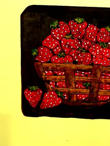 Vintage Oil Painting on Wood Panel: LOVELY Red White dots Strawberries in Basket - Picture 1 of 11