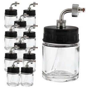 10 Barattoli Bottiglie Vetro 3/4oz 22cc Montaggio Alimentazione Laterale Coperchio Aerografo Adattatore Montaggio - Foto 1 di 4