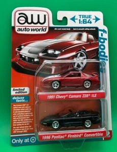 Auto World-'91 Chevy Camaro Z28 1LE '96 Pontiac Firebird. 2023 F - Bodies. NIB! - Picture 1 of 2