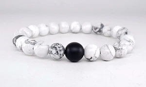 Men's Matte Black Onyx & Howlite Gemstones Beaded Stretchable Jewelry Bracelet - Picture 1 of 5
