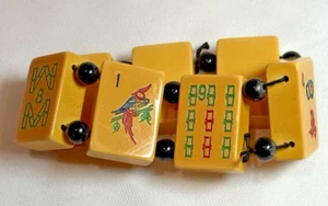 Vintage Butterscotch Bakelite Mahjong Chunky Stretch Bracelet, 7 Tiles Mah Jong - Picture 1 of 5