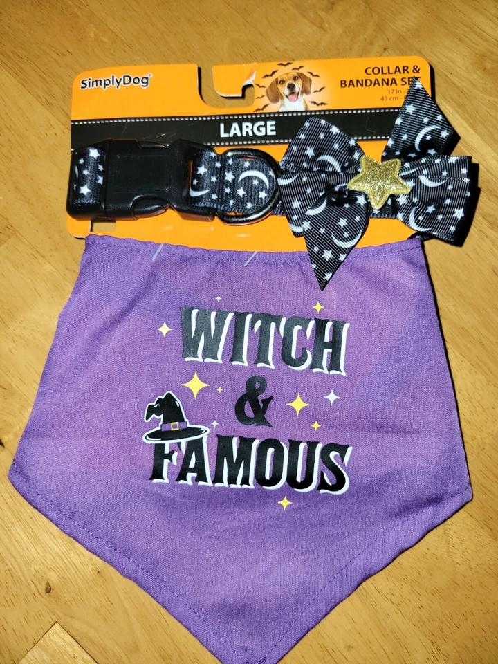 SIMPLY DOG HALLOWEEN Perro Cachorro Collar Bandana Bruja y Famoso Conjunto Talla L Foto 1 de 3
