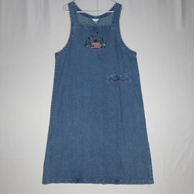 CJ Banks Denim Jumper Dress 20W Blue Embroidered Patriotic Farmhouse Vtg 90s - Image 1 of 4
