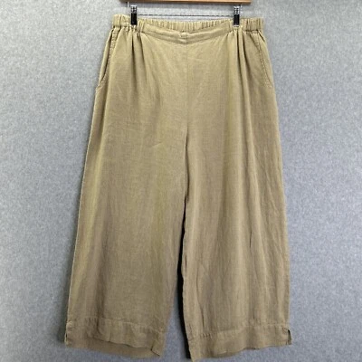 FLAX Medium Yellow Linen Tan Pants Lagenlook Trousers 22" Cropped Capri Boho - Image 1 of 4