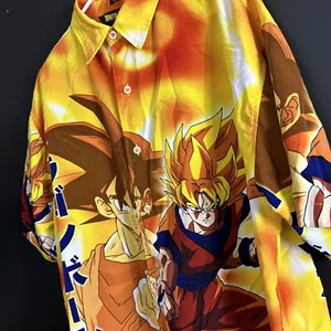 Vintage Dragon Ball Z GOKU GT Camp Shirt Button Up L AOP Anime Graphic Yellow - Picture 1 of 12