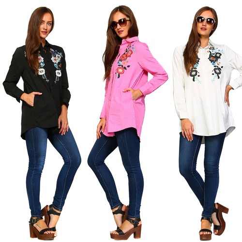 OFF WHITE Abito tunica camicia manica lunga boho ricamo applique VELEZRA donna S M L