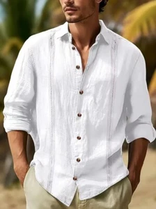 Cotton White Men Stylish Loose Fit Long Sleeve Shirt Streetwear - Picture 1 of 4