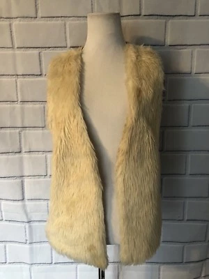 YA Los Angeles Faux Fur Open Vest Sz L Cream Tan Crochet Back Outerwear Soft - Image 1 of 4