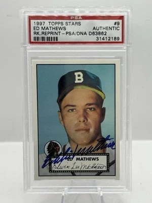 1997 Topps Stars Rookie Reprint #9 Eddie Mathews Auto Milwaukee PSA/DNA - Image 1 of 3