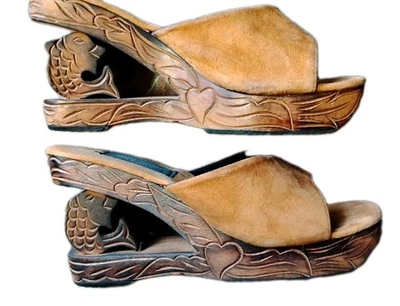 Vtg Carved Wood Fish Platform Shoes Suede/ Leather  Sandal Indonesia Boho Sz 7  - Image 1 of 4