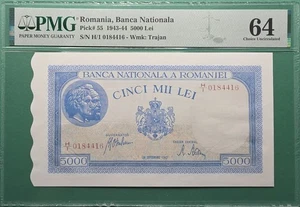 1943-44 ROMANIA 5000 LEI P# 55 PMG 64 CHOICE UNC - Picture 1 of 2