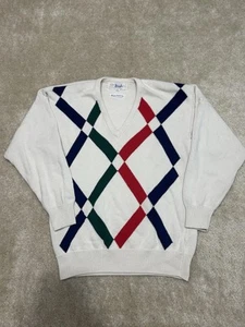 Pringle of Scotland Sweater Mens Medium White Multicolor Pullover Hand Intarsia - Picture 1 of 5