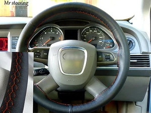 FITS FORD EXPEDITION 03-06 BLACK LEATHER STEERING WHEEL COVER ORANGE STITCHING - Picture 1 of 1