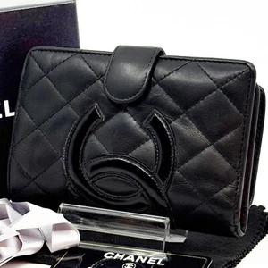 CHANEL Cambon Line faltbare Geldbörse Leder schwarz Lammfell CC Matelasse authentisch - Bild 1 von 12