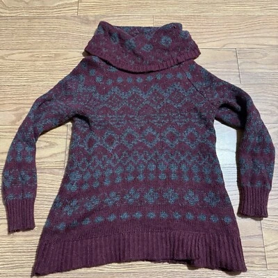 Suéter pesado túnica cuello capucha mezcla de lana borgoña grande tallada con volantes para mujer Foto 1 de 4