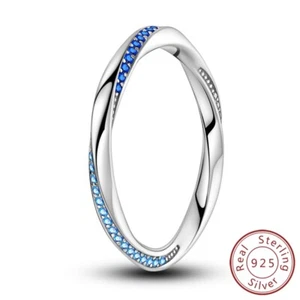 MULA European 925 Sterling Silver Finger Ring Blue CZ Reverse Love Women Jewelry - Picture 1 of 8