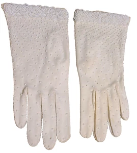 Vintage Size S 6.5 Ladies 7.5" Cotton Gloves White Glass Bead Bracelet Edge - Picture 1 of 12