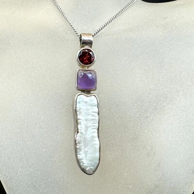 Baroque Pearl Amethyst And Ruby Unique Style Pendant Sterling Silver 925 - Image 1 of 4