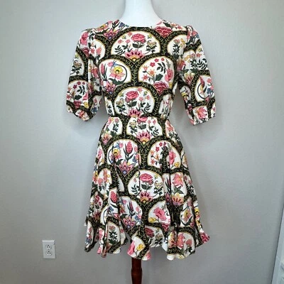 CHRISTIAN LACROIX Floral Mini Fit & Flare Dress SMALL Lace Up Back Puff Sleeves - Image 1 of 4