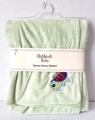 OshKosh Baby Sherpa Fleece Blanket Sage Green Dump Truck Stroller Car NEW Lovey - Image 1 of 4