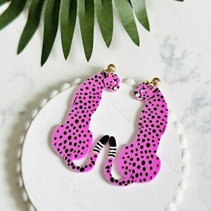 Boucles d'oreilles léopard rose acrylique grand chat guépard déclaration NEUF bijoux boho cadeau