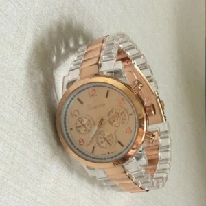 Geneva Women's Watch Round Dial Rose Gold & Clear Linked Acrylic Band Brand New! - Picture 1 of 4