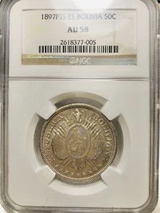 Bolivia 1897 ES-PTS, 50 Centavos, NGC AU-58, Km#161.5 - Picture 1 of 3