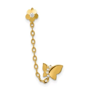 14K Yellow Gold Cubic Zirconia w/Chain Butterfly & Flower Drop Single Earring - Picture 1 of 4