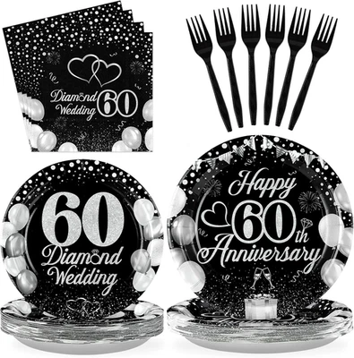 96Pcs Anniversary Decorations 60th Wedding Anniversary Party Plates Disposabl... - Image 1 of 4