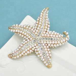 Spilla stella marina tono oro spilla finta perla strass gioielli nautici costieri - Foto 1 di 3
