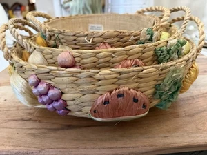 Vintage 3 cesti nido 3D fatti a mano tessuto verdure con manici Filippine - Foto 1 di 19