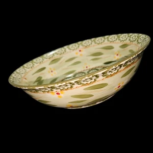 Temp-tations by Tara Old World 7.5" Bowl Green Floral Hand-Painted Stoneware - Picture 1 of 4