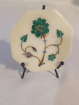 Parchin Kari Marble Inlay Art Handmade 3 1/2 Floral Mosaic Indian Home Decor Art - Image 1 of 3