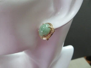 14K Solid Y. Gold Framed Omega Backs Jadeite Jade Earrings 6.63 Grams - Picture 1 of 9