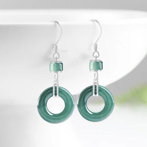 Real 925 Sterling Silver Natural A Grade Jadeite Blue Water Circle Earrings - Picture 1 of 6