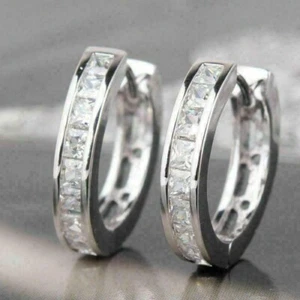 4.25 Lab Created Diamond Hoop Huggies Earrings Solid 18K White Gold Over - Picture 1 of 2