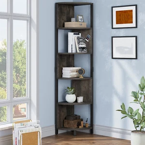 6 Tier Corner Shelf Industrial Bookcase Bookshelf Space Saving Display Rack - Picture 1 of 10