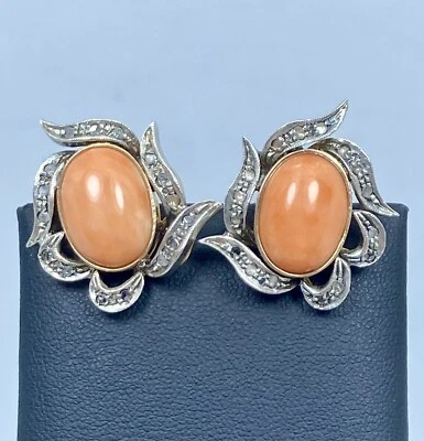 ORECCHINI DONNA MONACHELLA ORO 14 KT E ARGENTO CORALLO OVALE E DIAMANTI GREZZI - Immagine 1 di 4